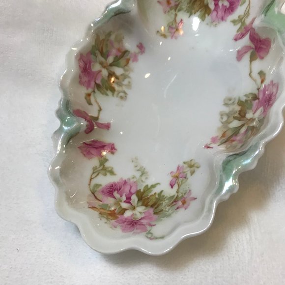 MZ Austria * Pink Flowers White Porcelain Bown Green Accents EUC Vintage Dessert - Picture 3 of 9